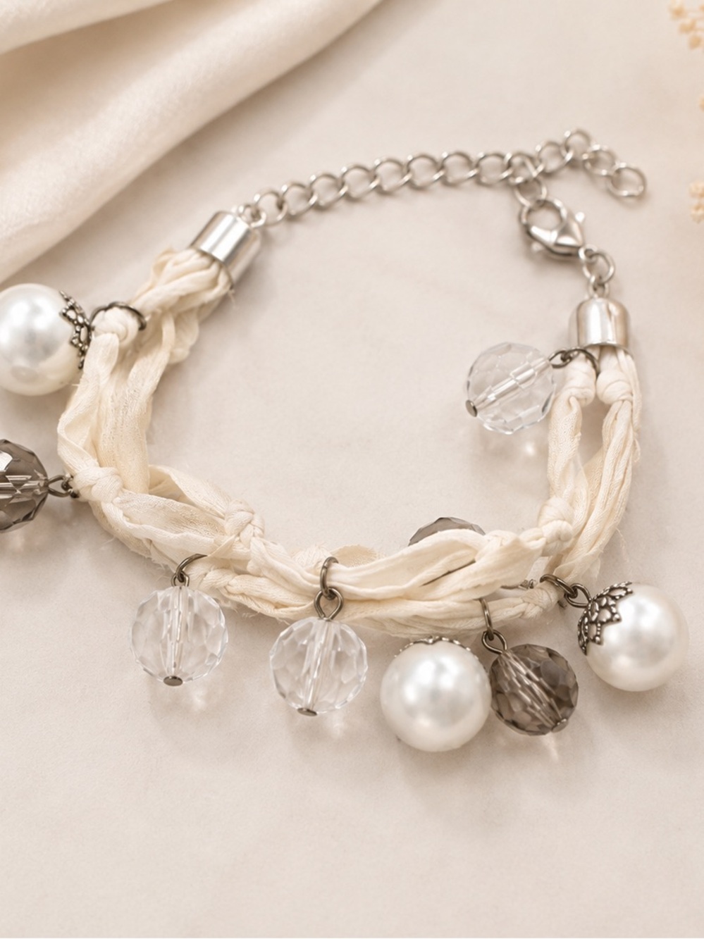 Vintage Ivory Beaded Charm Bracelet with Crystal and Pearl Accents